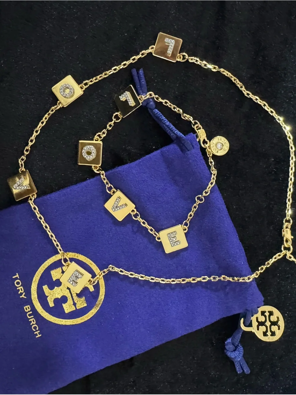 Tory Burch Gold 'LOVE' Link Necklace & bracelet set - Gold Square Letter Charms